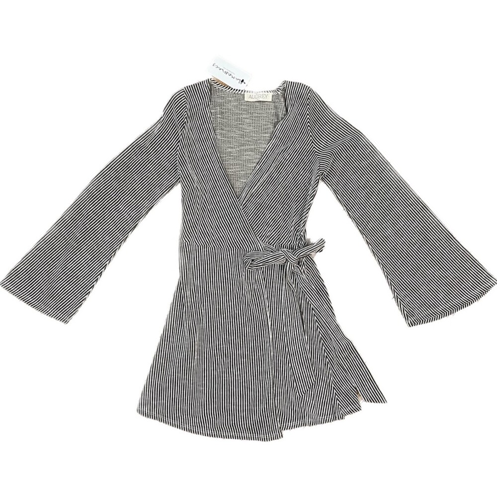 Audrey 3+1 | NWT Olive and Cream Striped Bell Sleeve Wrap Dress | Small